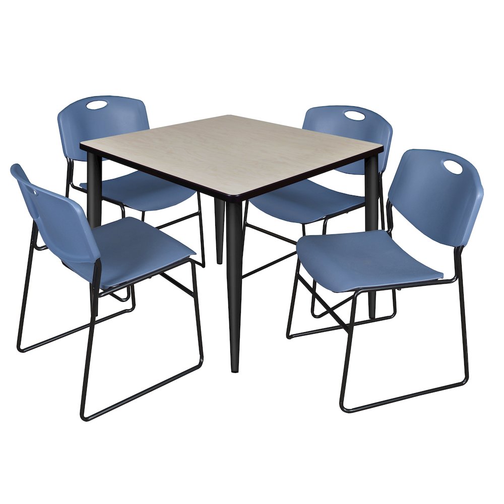 42 in. Square Breakroom Table- Maple Top, Black Base & 4 Zeng Stack Chairs- Blue