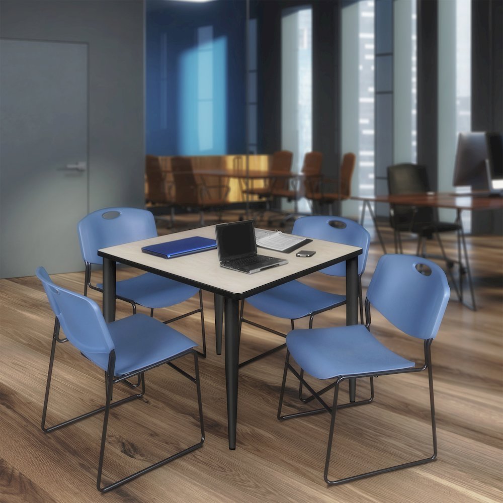 42 in. Square Breakroom Table- Maple Top, Black Base & 4 Zeng Stack Chairs- Blue