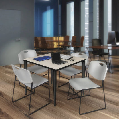 42 in. Square Breakroom Table- Maple Top, Black Base & 4 Zeng Stack Chairs- Grey