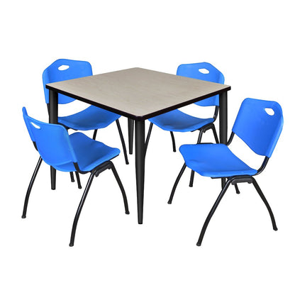 42 in. Square Breakroom Table- Maple Top, Black Base & 4 M Stack Chairs- Blue
