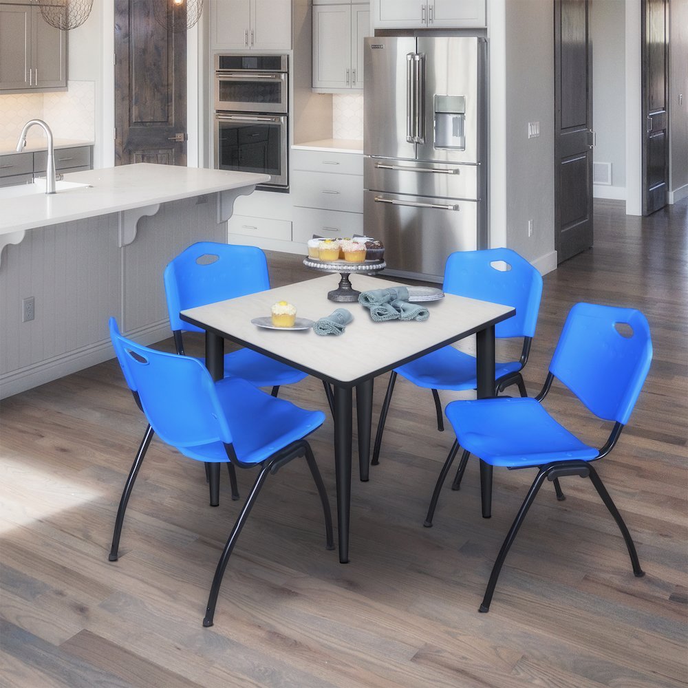 42 in. Square Breakroom Table- Maple Top, Black Base & 4 M Stack Chairs- Blue