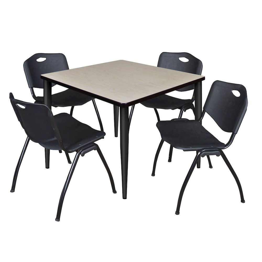 42 in. Square Breakroom Table- Maple Top, Black Base & 4 M Stack Chairs- Black