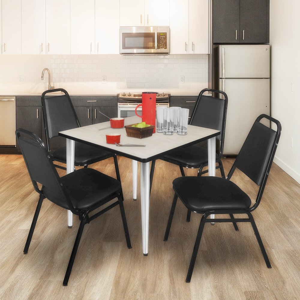 42 Square Breakroom Table- Maple Top, Chrome Base & 4 Stack Chairs- Black