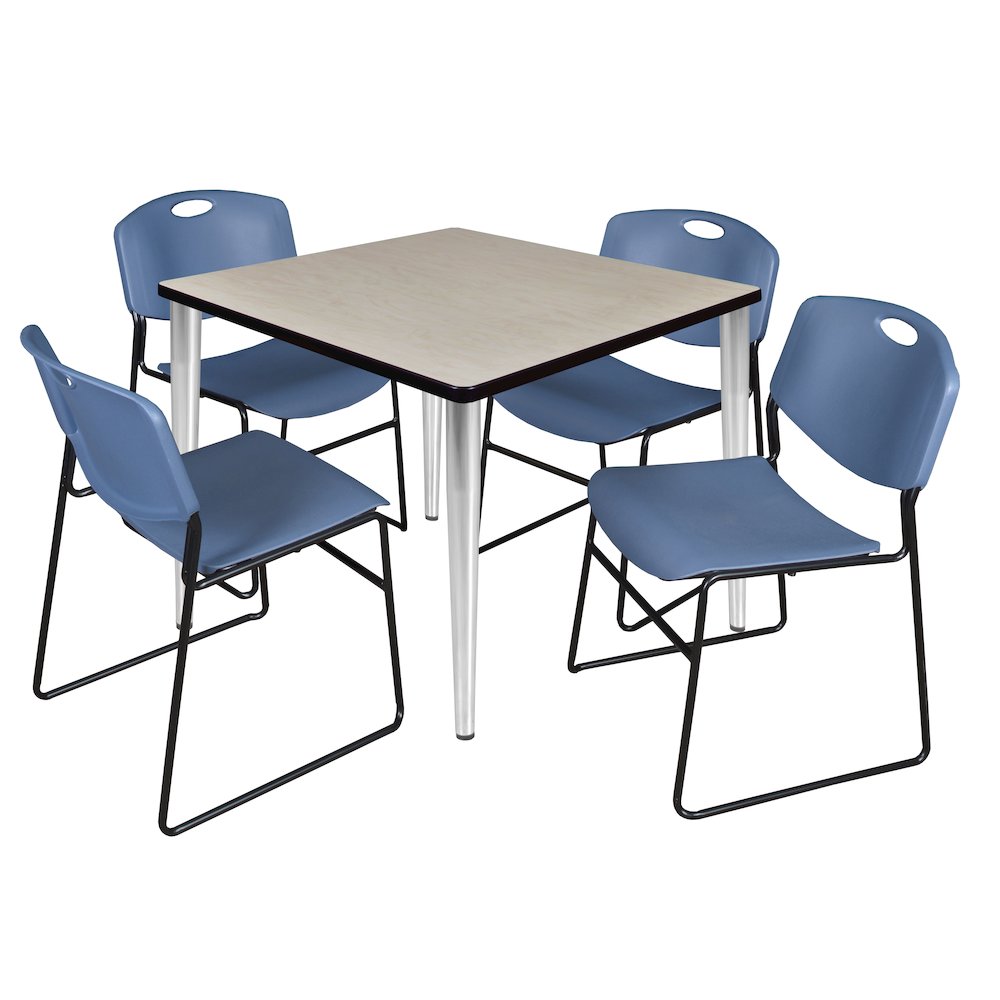42 Square Breakroom Table- Maple Top, Chrome Base & 4 Zeng Stack Chairs- Blue
