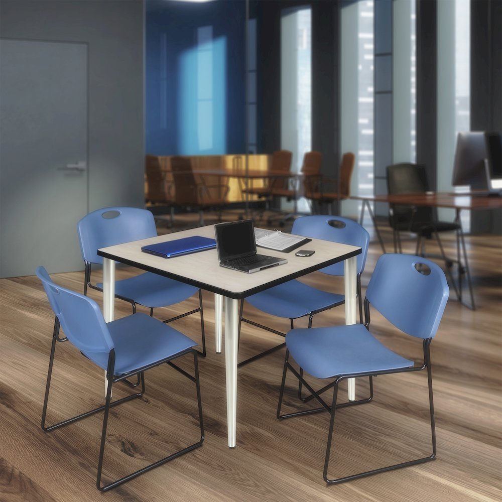 42 Square Breakroom Table- Maple Top, Chrome Base & 4 Zeng Stack Chairs- Blue