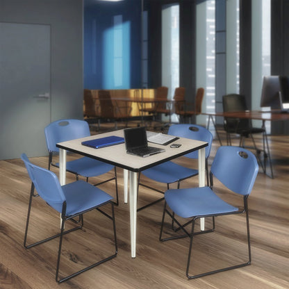 42 Square Breakroom Table- Maple Top, Chrome Base & 4 Zeng Stack Chairs- Blue