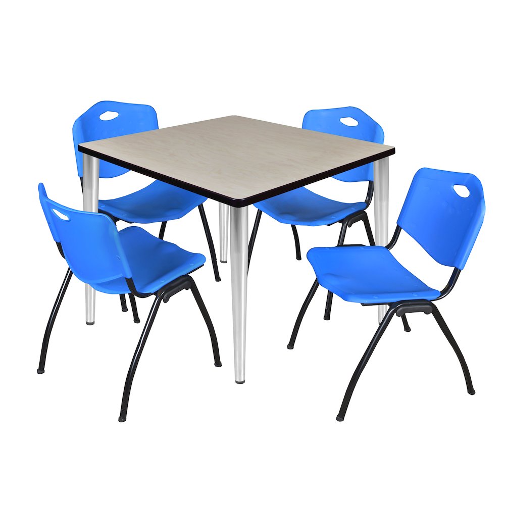 42 in. Square Breakroom Table- Maple Top, Chrome Base & 4 M Stack Chairs- Blue