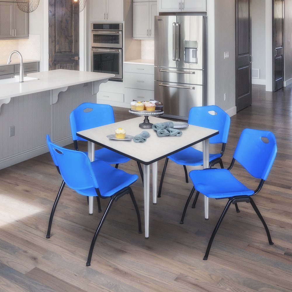 42 in. Square Breakroom Table- Maple Top, Chrome Base & 4 M Stack Chairs- Blue