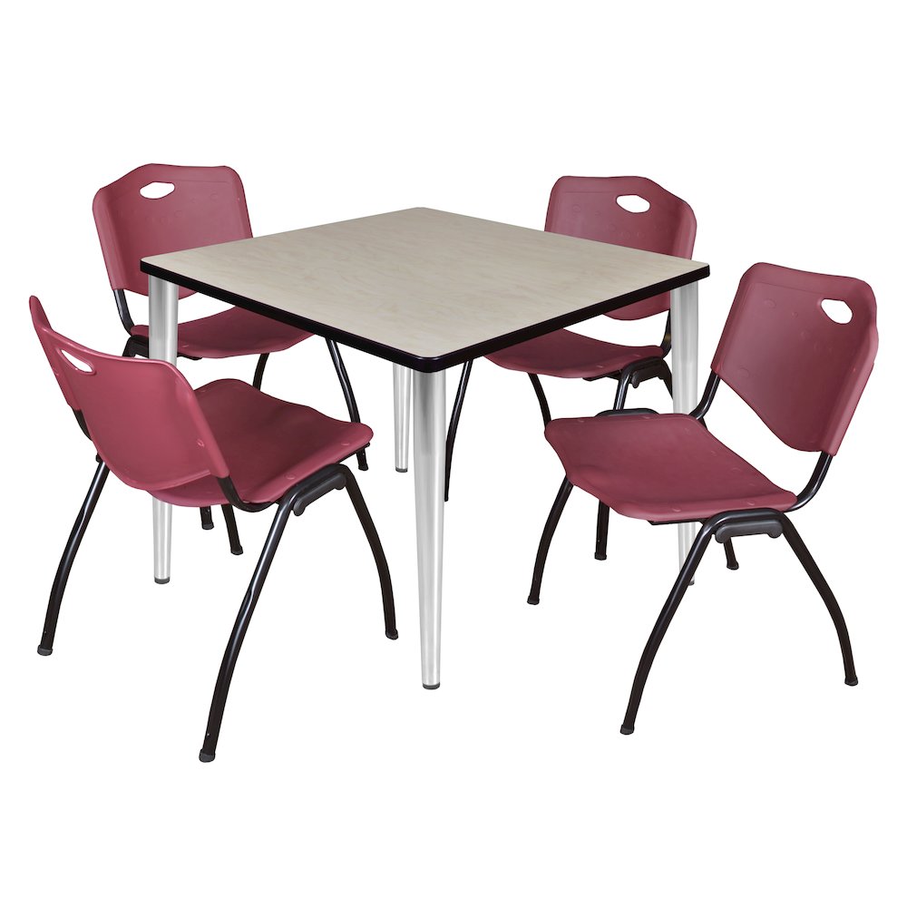 42 Square Breakroom Table- Maple Top, Chrome Base & 4 M Stack Chairs- Burgundy