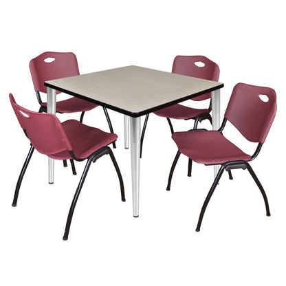 42 Square Breakroom Table- Maple Top, Chrome Base & 4 M Stack Chairs- Burgundy