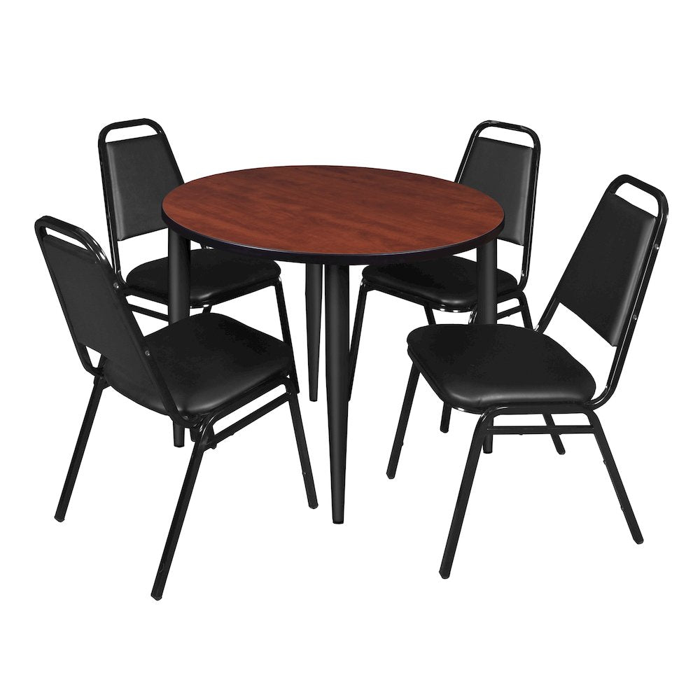 42 Round Breakroom Table- Cherry Top, Black Base & 4 Stack Chairs- Black