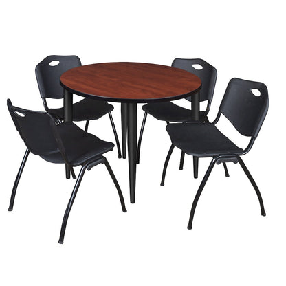 42 in. Round Breakroom Table- Cherry Top, Black Base & 4 M Stack Chairs- Black