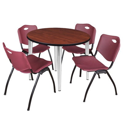 42 Round Breakroom Table- Cherry Top, Chrome Base & 4 M Stack Chairs- Burgundy