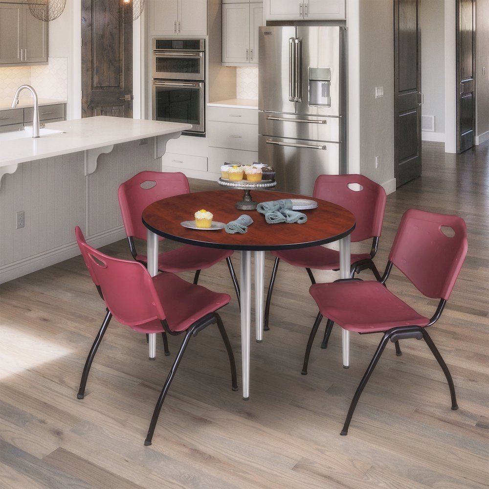 42 Round Breakroom Table- Cherry Top, Chrome Base & 4 M Stack Chairs- Burgundy