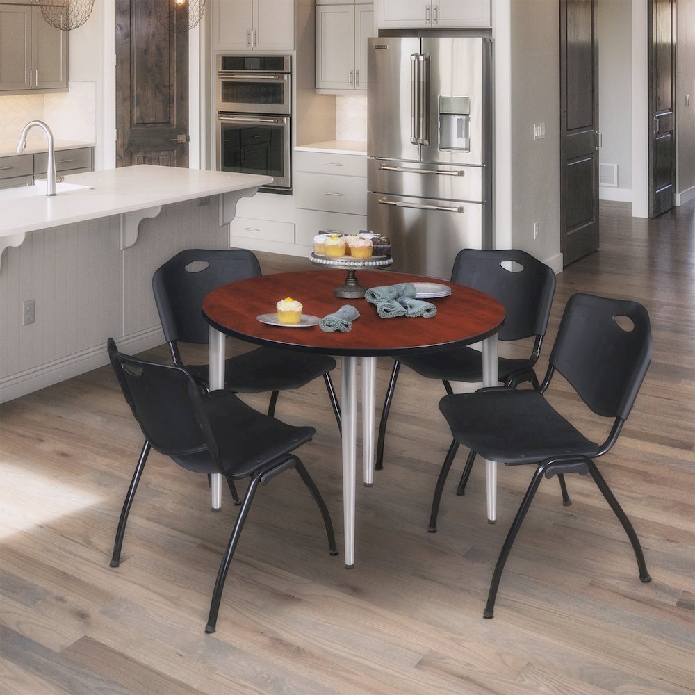 42 in. Round Breakroom Table- Cherry Top, Chrome Tapered Legs