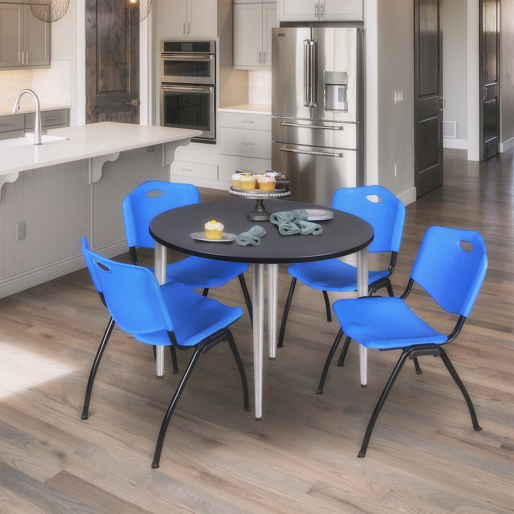 42 in. Round Breakroom Table- Grey Top, Chrome Base & 4 M Stack Chairs- Blue