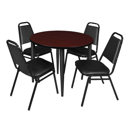 42 Round Breakroom Table- Mahogany Top, Black Base & 4 Stack Chairs- Black
