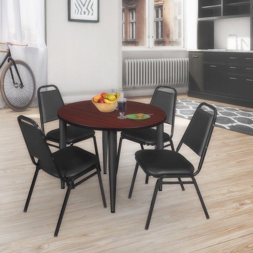 42 Round Breakroom Table- Mahogany Top, Black Base & 4 Stack Chairs- Black