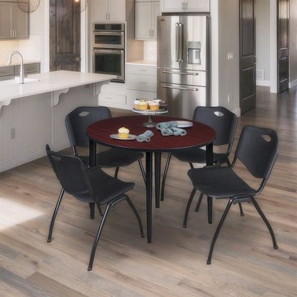 42 in. Round Breakroom Table- Mahogany Top, Black Base & 4 M Stack Chairs- Black