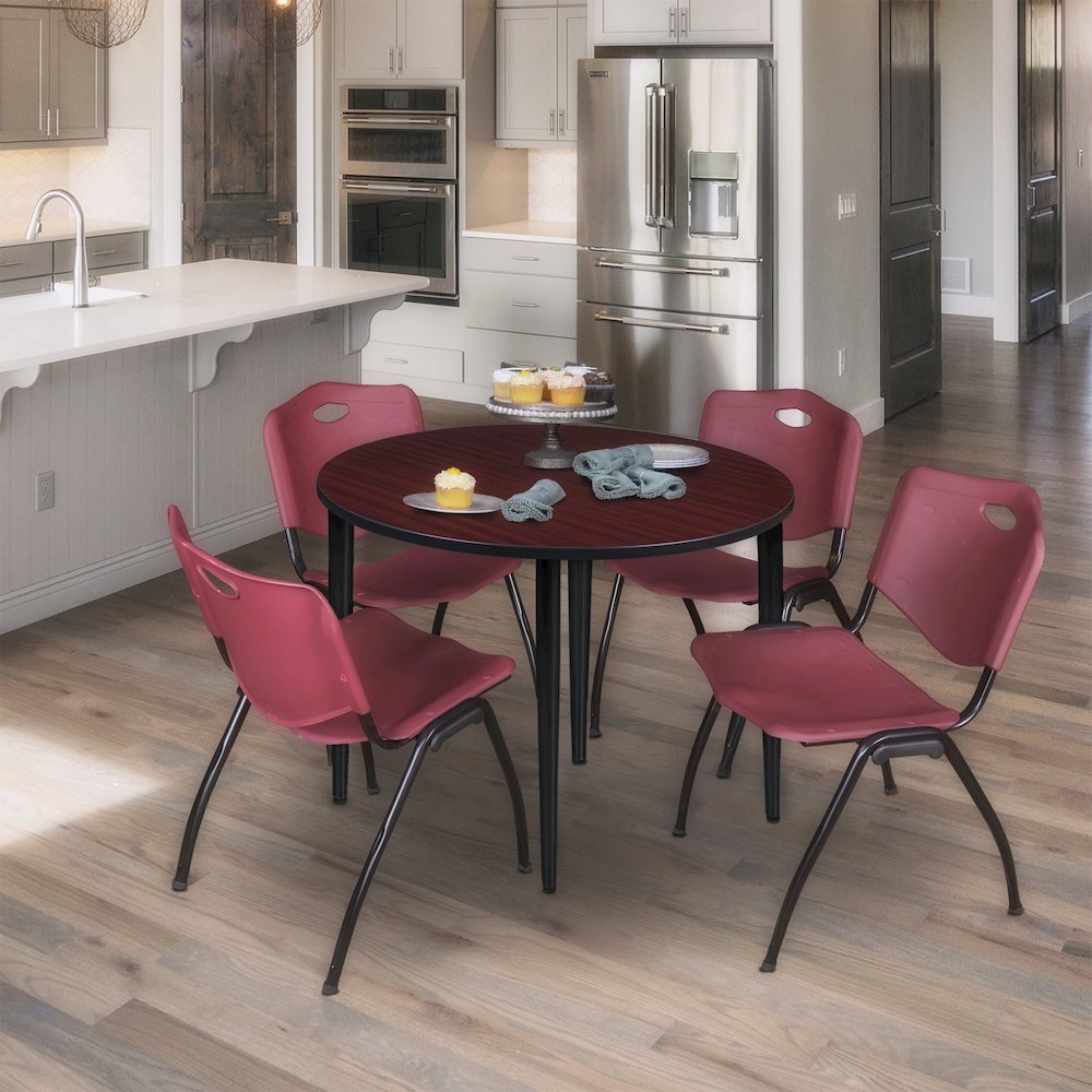 42 Round Breakroom Table- Mahogany Top, Black Base & 4 M Stack Chairs- Burgundy