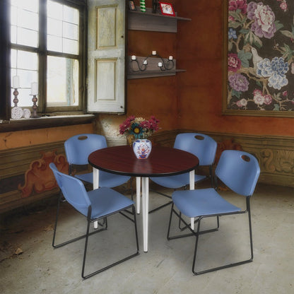 42 Round Breakroom Table- Mahogany Top, Chrome Base & 4 Zeng Stack Chairs- Blue