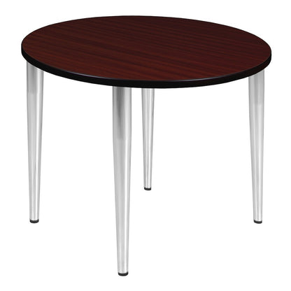42 in. Round Breakroom Table- Mahogany Top, Chrome Tapered Legs
