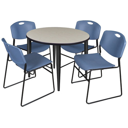 42 in. Round Breakroom Table- Maple Top, Black Base & 4 Zeng Stack Chairs- Blue
