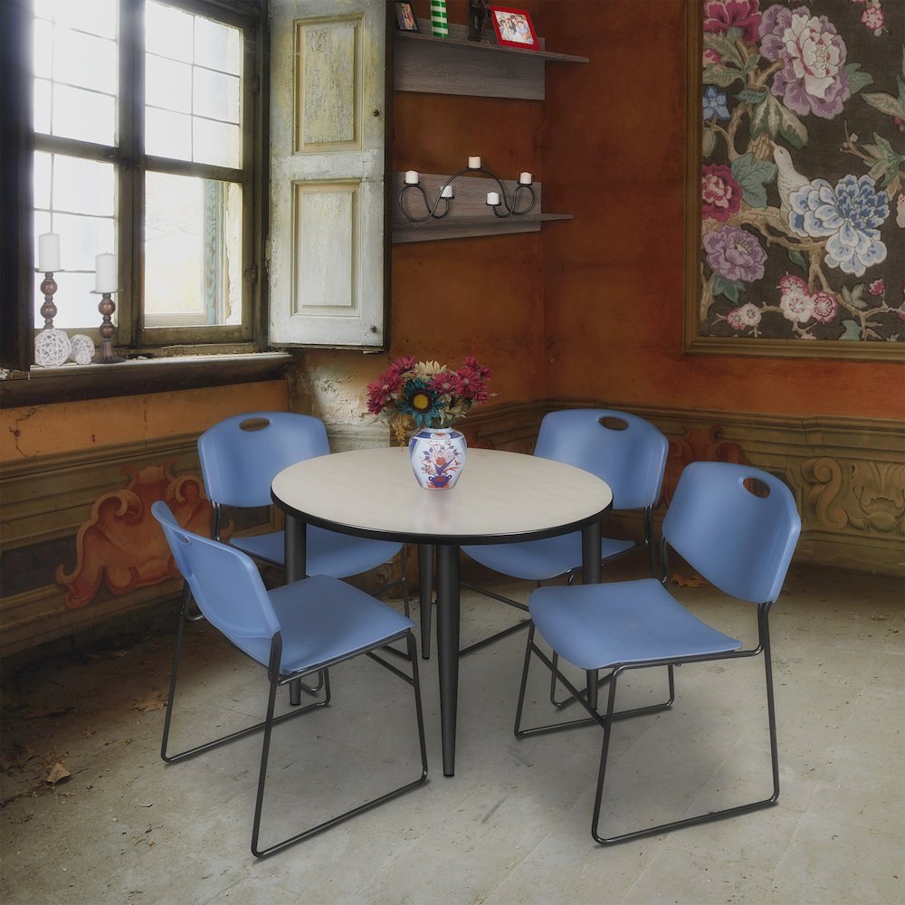 42 in. Round Breakroom Table- Maple Top, Black Base & 4 Zeng Stack Chairs- Blue