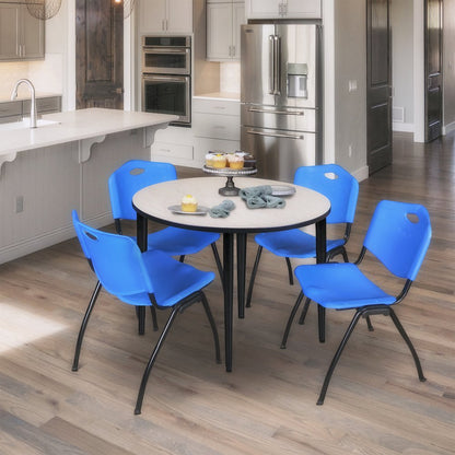 42 in. Round Breakroom Table- Maple Top, Black Base & 4 M Stack Chairs- Blue