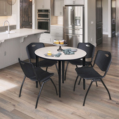 42 in. Round Breakroom Table- Maple Top, Black Base & 4 M Stack Chairs- Black