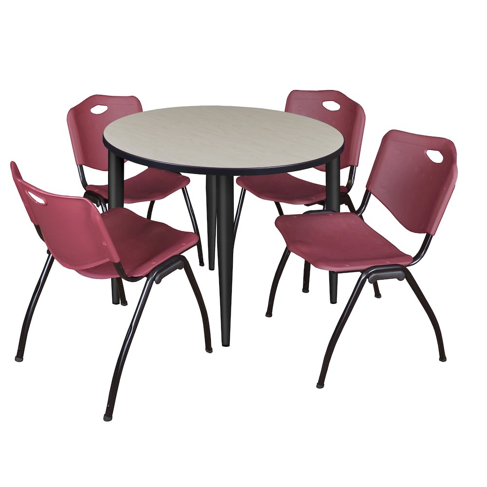 42 in. Round Breakroom Table- Maple Top, Black Base & 4 M Stack Chairs- Burgundy