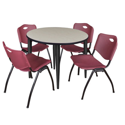 42 in. Round Breakroom Table- Maple Top, Black Base & 4 M Stack Chairs- Burgundy