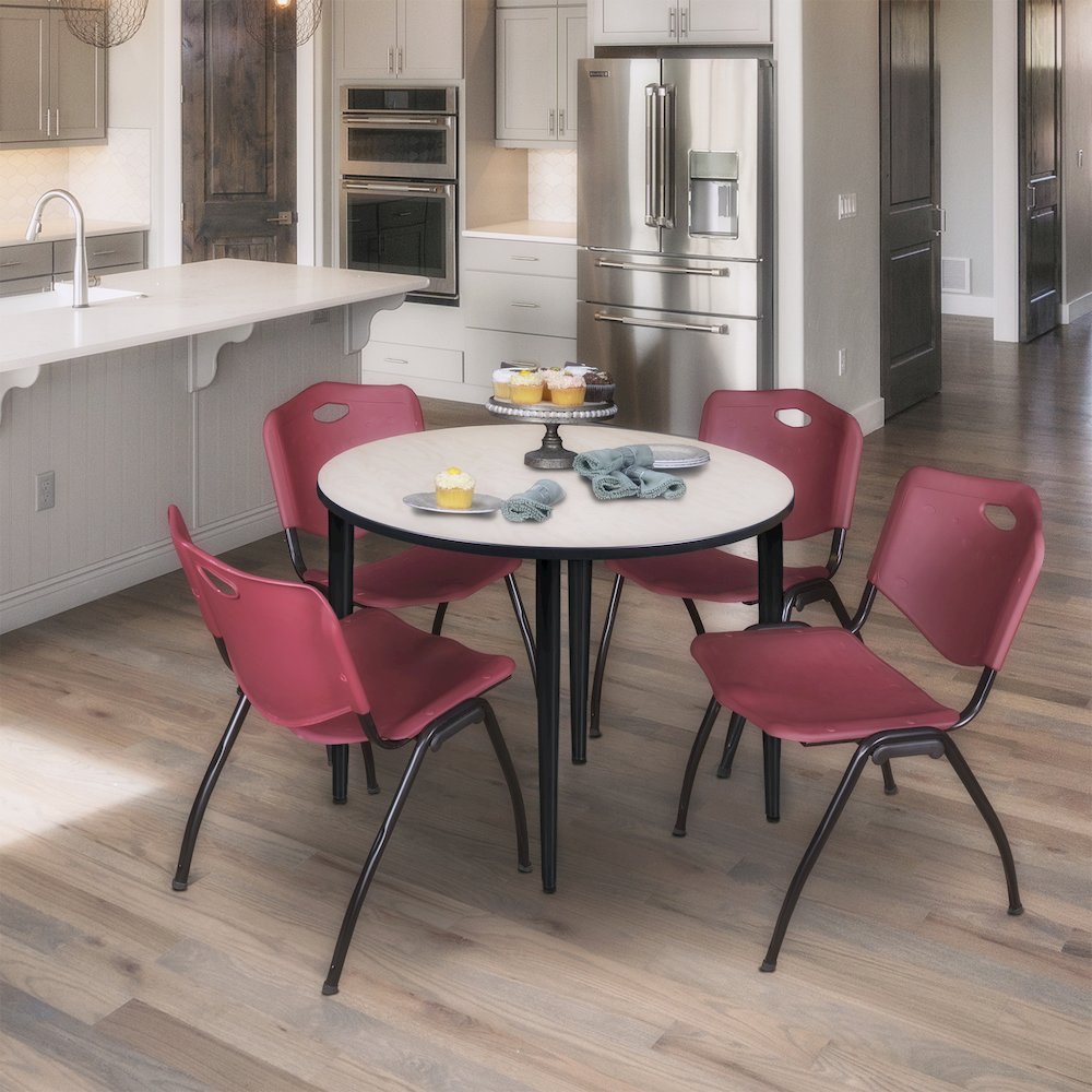 42 in. Round Breakroom Table- Maple Top, Black Base & 4 M Stack Chairs- Burgundy