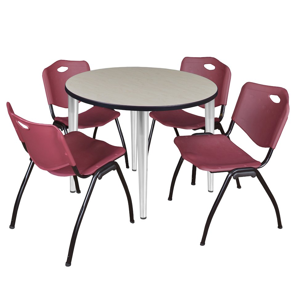 42 Round Breakroom Table- Maple Top, Chrome Base & 4 M Stack Chairs- Burgundy