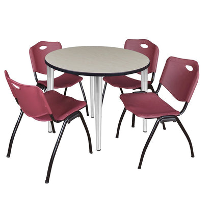 42 Round Breakroom Table- Maple Top, Chrome Base & 4 M Stack Chairs- Burgundy