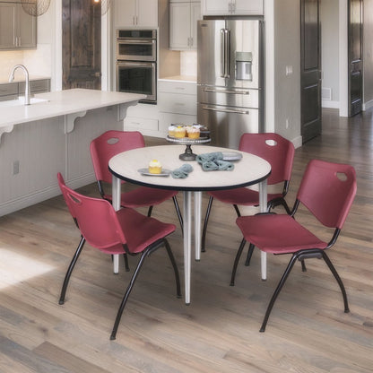 42 Round Breakroom Table- Maple Top, Chrome Base & 4 M Stack Chairs- Burgundy