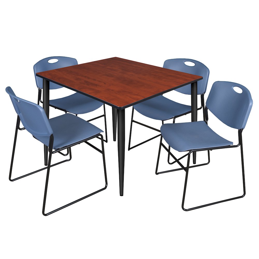 48 Square Breakroom Table- Cherry Top, Black Base & 4 Zeng Stack Chairs- Blue