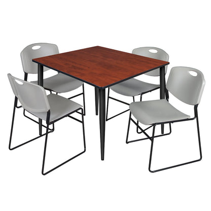48 Square Breakroom Table- Cherry Top, Black Base & 4 Zeng Stack Chairs- Grey