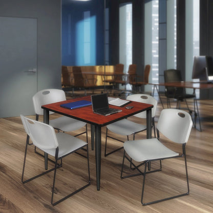48 Square Breakroom Table- Cherry Top, Black Base & 4 Zeng Stack Chairs- Grey