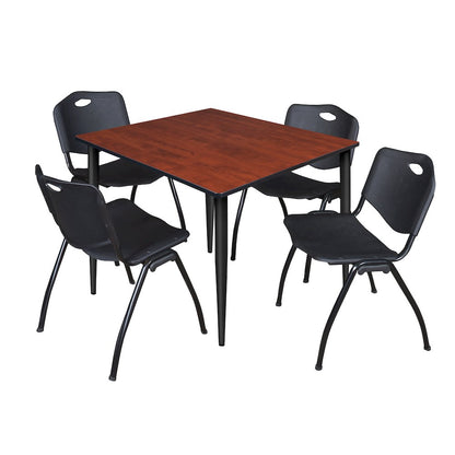 48 in. Square Breakroom Table- Cherry Top, Black Base & 4 M Stack Chairs- Black