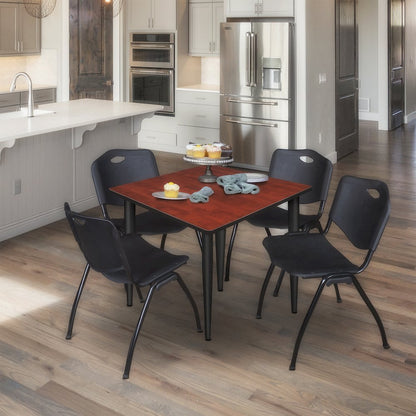 48 in. Square Breakroom Table- Cherry Top, Black Base & 4 M Stack Chairs- Black