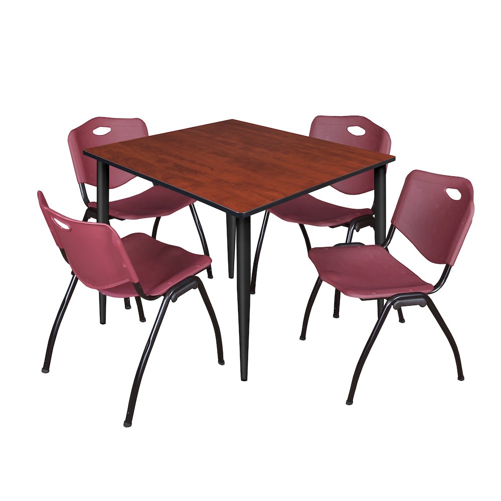 48 Square Breakroom Table- Cherry Top, Black Base & 4 M Stack Chairs- Burgundy