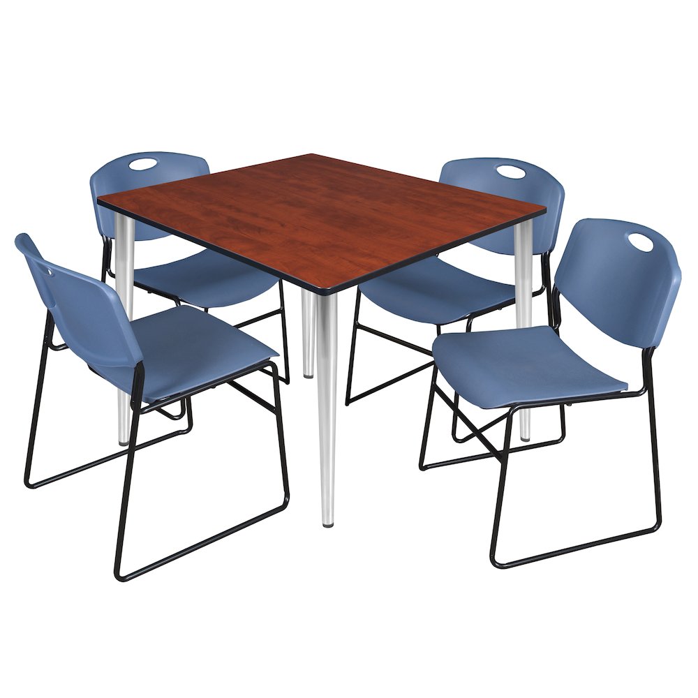 48 Square Breakroom Table- Cherry Top, Chrome Base & 4 Zeng Stack Chairs- Blue