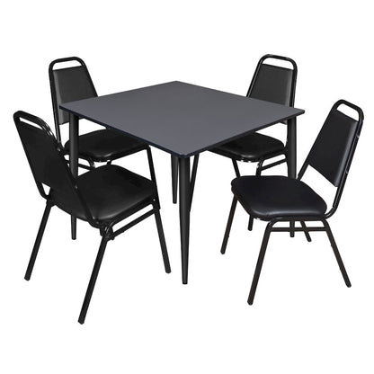 48 Square Breakroom Table- Grey Top, Black Base & 4 Stack Chairs- Black