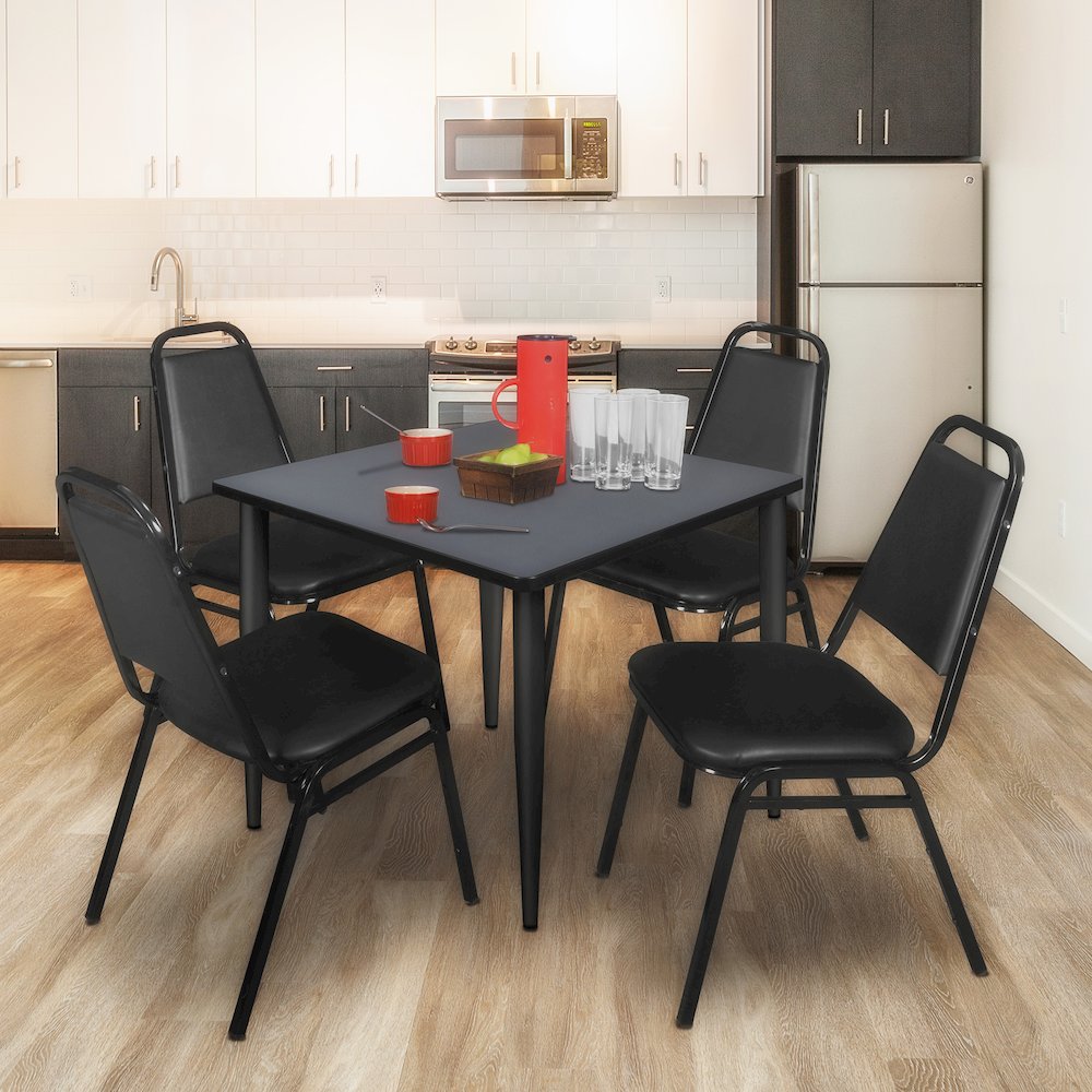 48 Square Breakroom Table- Grey Top, Black Base & 4 Stack Chairs- Black