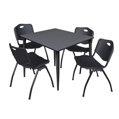 48 in. Square Breakroom Table- Grey Top, Black Base & 4 M Stack Chairs- Black