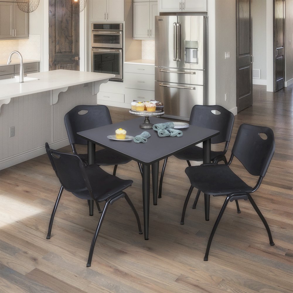 48 in. Square Breakroom Table- Grey Top, Black Base & 4 M Stack Chairs- Black