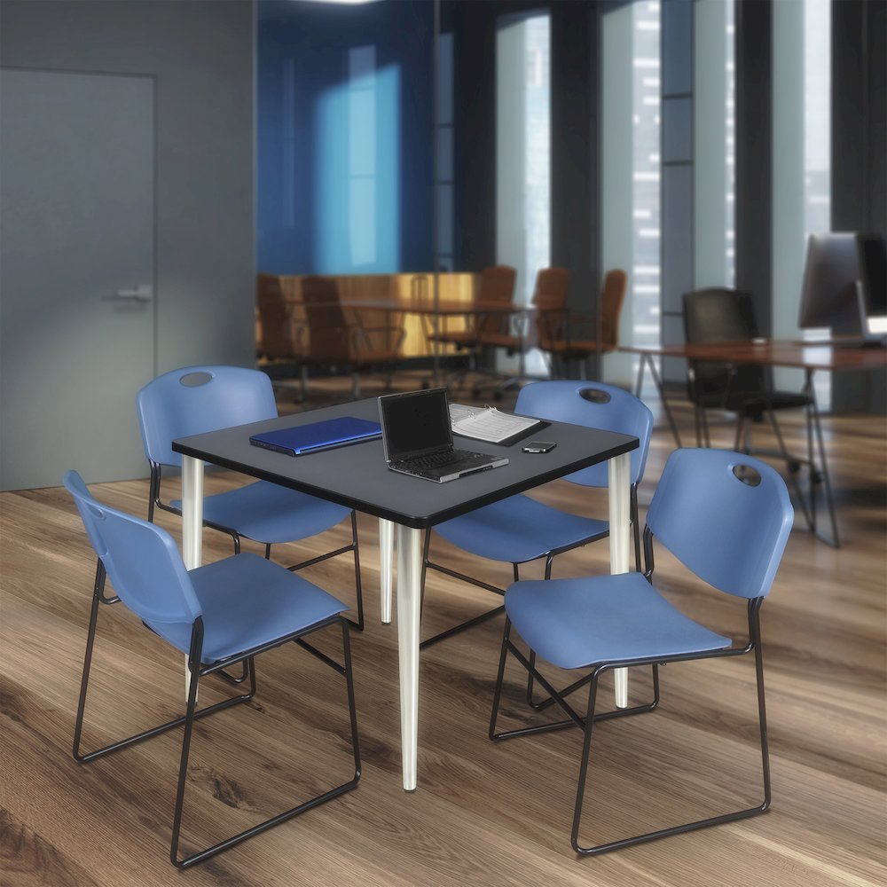 48 in. Square Breakroom Table- Grey Top, Chrome Base & 4 Zeng Stack Chairs- Blue