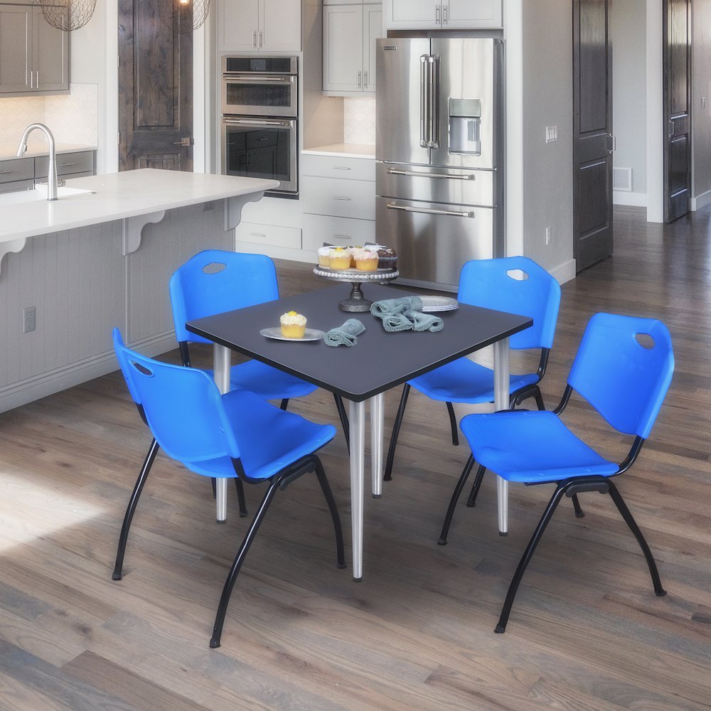 48 in. Square Breakroom Table- Grey Top, Chrome Base & 4 M Stack Chairs- Blue