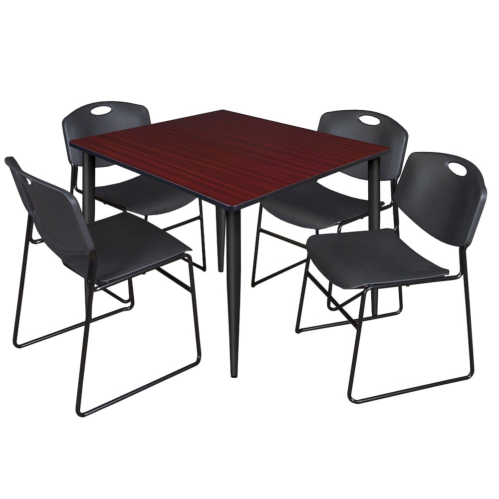 48 Square Breakroom Table- Mahogany Top, Black Base & 4 Zeng Stack Chairs- Black